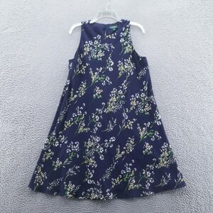 Ralph Lauren Women Crepe Chiffon Swing Dress 12 Navy Blue Floral Midi Sleeveless